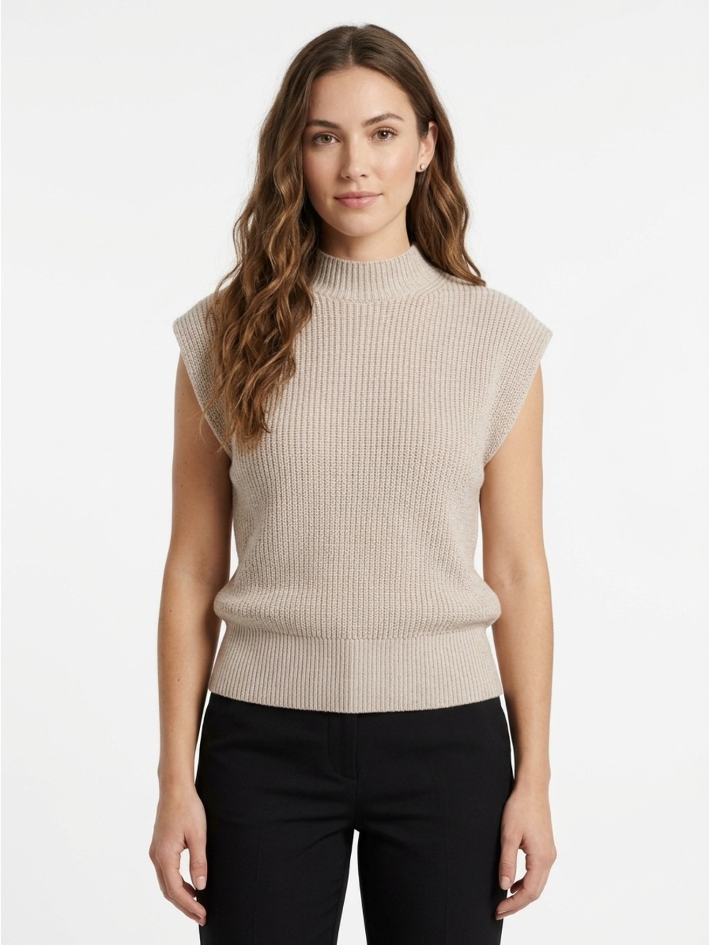 Babaton Sweater Vest Mock Neck Ribbed Merino Wool Heather Oat Medium